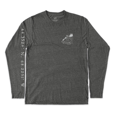Acadia Line Map and Cartouche Long-Sleeve Unisex Tee in Shadow Grey