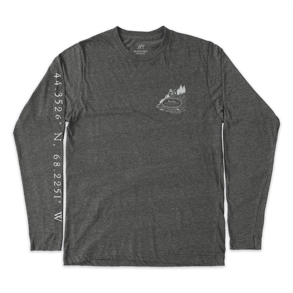 Acadia Line Map and Cartouche Long-Sleeve Unisex Tee in Shadow Grey