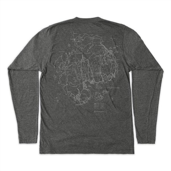 Acadia Line Map and Cartouche Long-Sleeve Unisex Tee in Shadow Grey