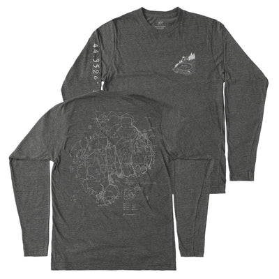 Acadia Line Map and Cartouche Long-Sleeve Unisex Tee in Shadow Grey