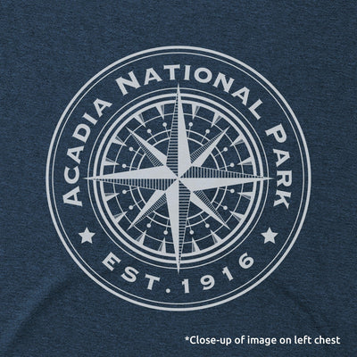 Acadia Line Map and Compass Long Sleeve Unisex Tee in Navy Heather