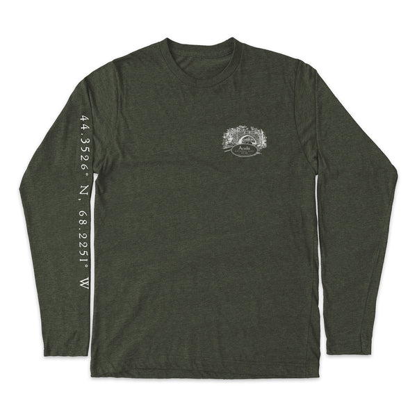Acadia National Park Line Map Long-Sleeve Unisex Tee in Artichoke
