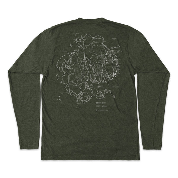 Acadia National Park Line Map Long-Sleeve Unisex Tee in Artichoke