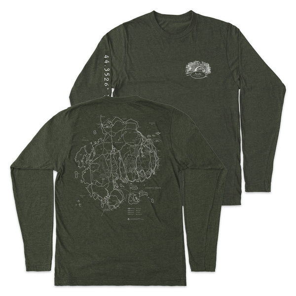 Acadia National Park Line Map Long-Sleeve Unisex Tee in Artichoke