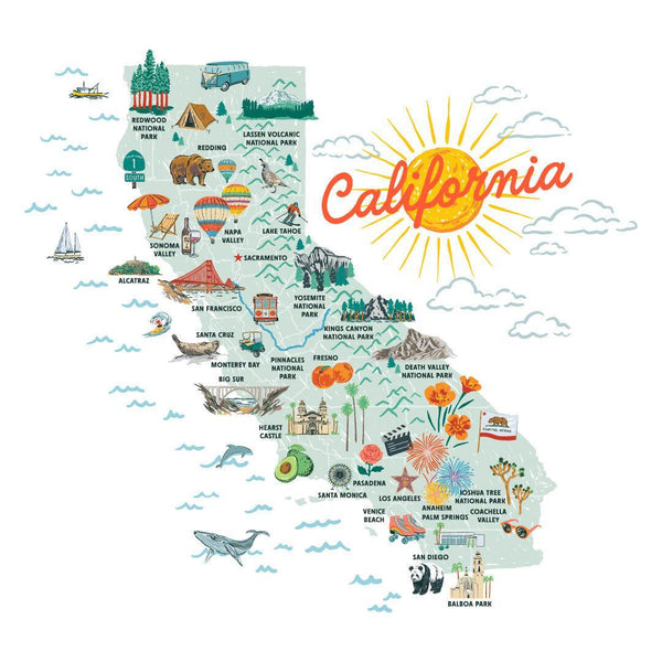 California State Illustrated Map Insulated Water Bottle in White
