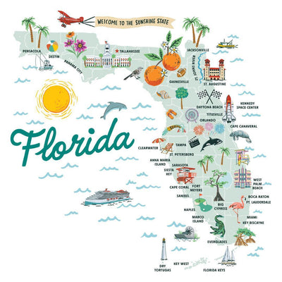 Florida State Illustrated Map Insulated Water Bottle in White