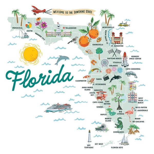 Florida State Illustrated Map Insulated Water Bottle in White