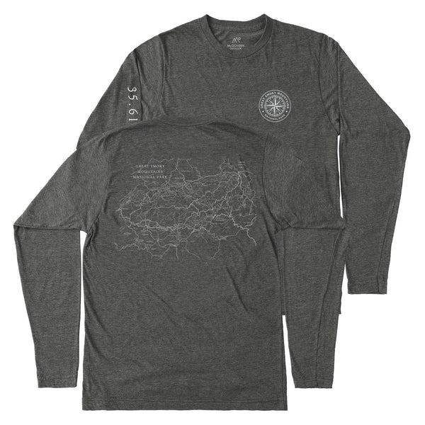 Great Smoky Mountains Line Map Long-Sleeve Unisex Tee in Shadow Grey - McGovern Outdoor