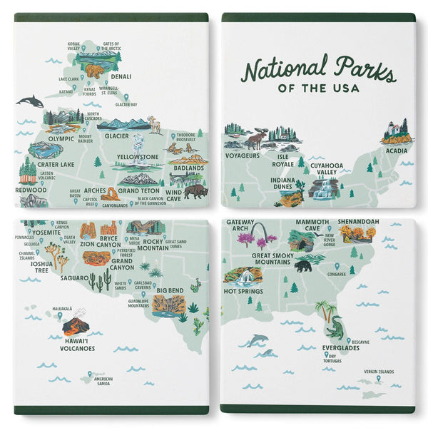 National Parks Of The USA Illustrated Map Coasters (Set Of 4) - McGovern Outdoor