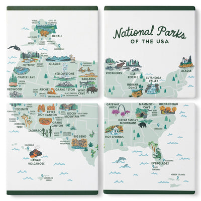 National Parks Of The Usa Illustrated Map Coasters (Set Of 4)