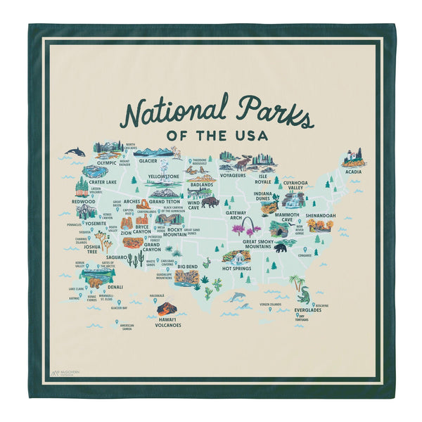 National Parks of the USA Illustrated Map Cotton Bandana - McGovern Outdoor