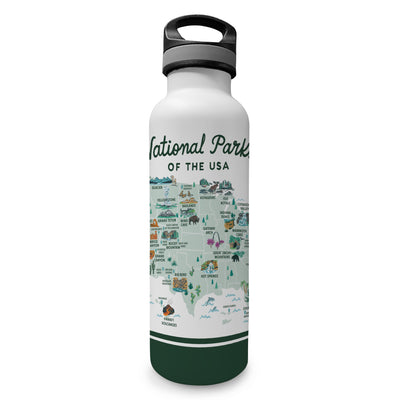 National Parks of the USA Illustrated Map Insulated Water Bottle in White